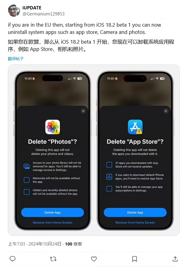 蓬安苹果手机维修分享iOS 18.2 支持删除 App Store 应用商店 