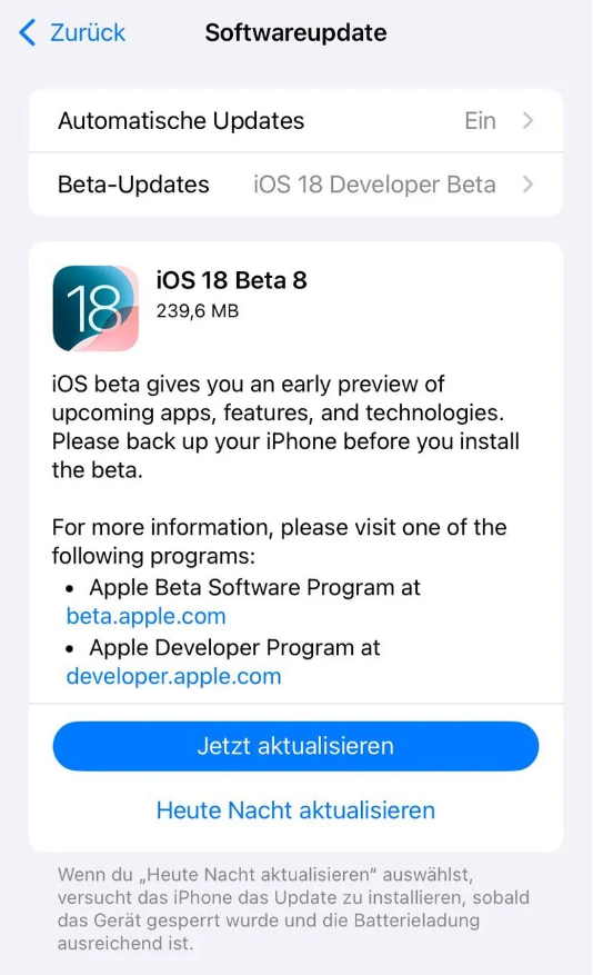 蓬安苹果手机维修分享苹果 iOS / iPadOS 18 开发者预览版 Beta 8 发布 